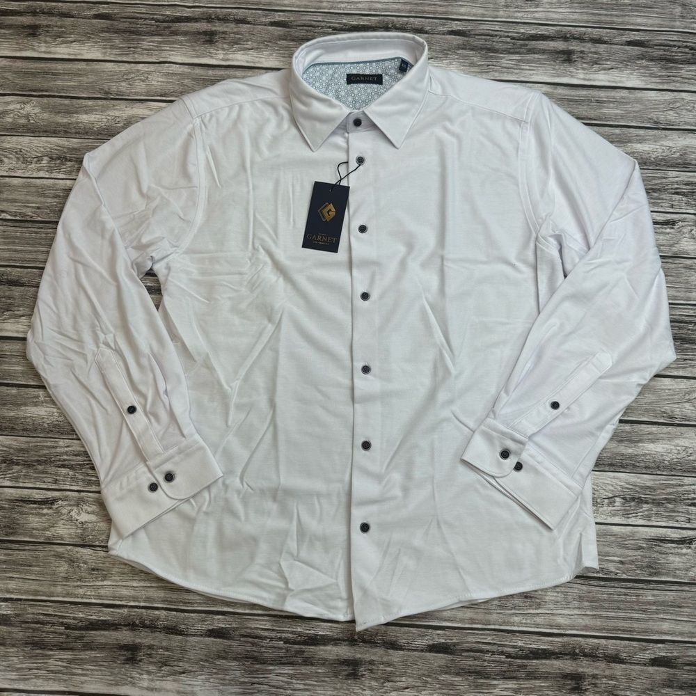 Garnet Men's Long Sleeve Button Up Shirt 2XL XXL White Textured Stretch NWT